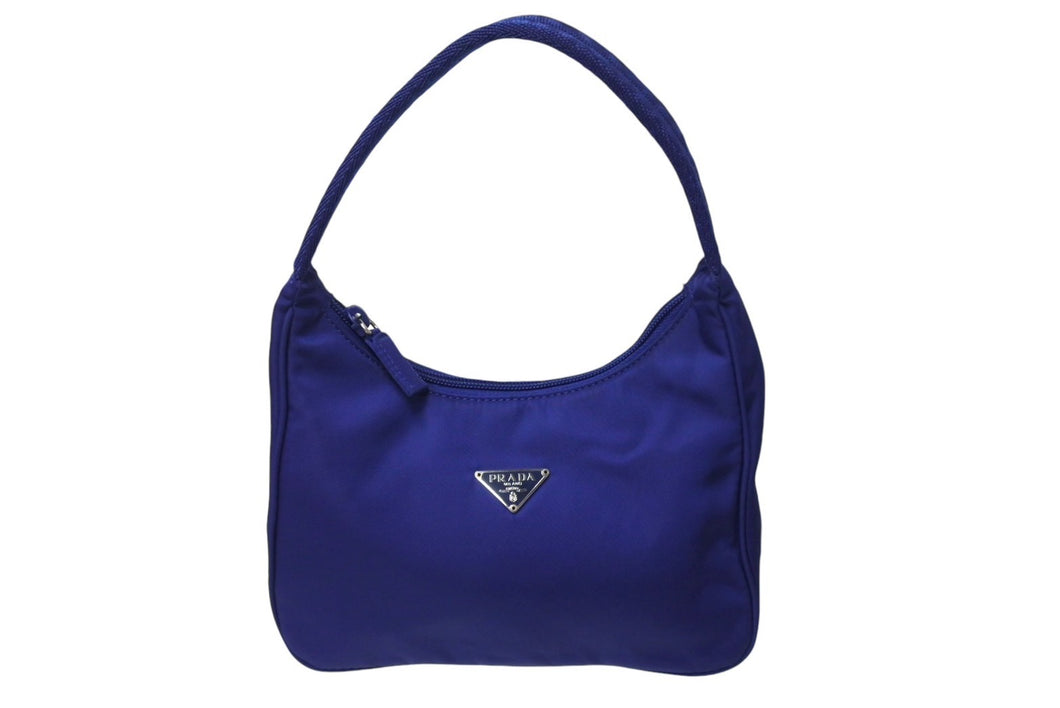 極美品 PRADA プラダ ホーボー ハンドバッグ MV519 トライアングルロゴ ナイロン ブルー シルバー金具 イタリア製 中古 4c069924 