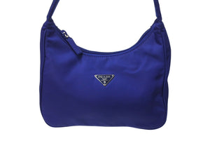 極美品 PRADA プラダ ホーボー ハンドバッグ MV519 トライアングルロゴ ナイロン ブルー シルバー金具 イタリア製 中古 4c069924 