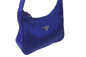 極美品 PRADA プラダ ホーボー ハンドバッグ MV519 トライアングルロゴ ナイロン ブルー シルバー金具 イタリア製 中古 4c069924 