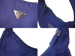 極美品 PRADA プラダ ホーボー ハンドバッグ MV519 トライアングルロゴ ナイロン ブルー シルバー金具 イタリア製 中古 4c069924 