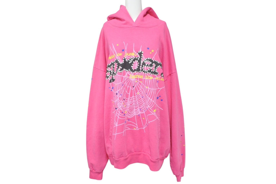 極美品 SP5DER スパイダー P*NK V2 パーカー サイズXXL 23FW パフプリント 発砲プリント Young Thug ピンク コットン 中古 4c070039