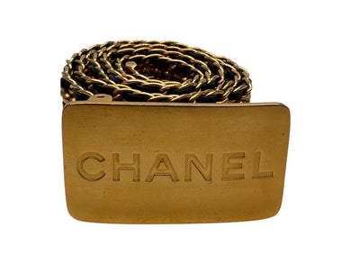極美品 CHANEL シャネル ロゴ プレート チェーン ベルト 96A ゴールド ブラック GP レザー ゴールド金具 ヴィンテージ 小物 中古 4c070074