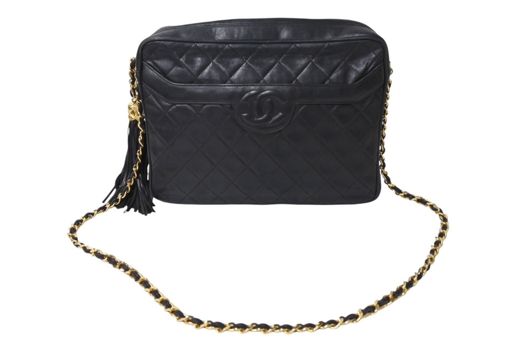 CHANEL シャネル チェーンショルダーバッグ ココマーク 2番台 フリンジ ラムスキン ブラック ゴールド金具 美品 中古 4c070105