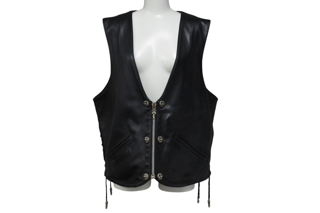 CHROME HEARTS クロムハーツ ベスト クロスボールボタン ダガージップ レザー シルバー925 ブラック シルバー XXL 美品 中古 4c070110