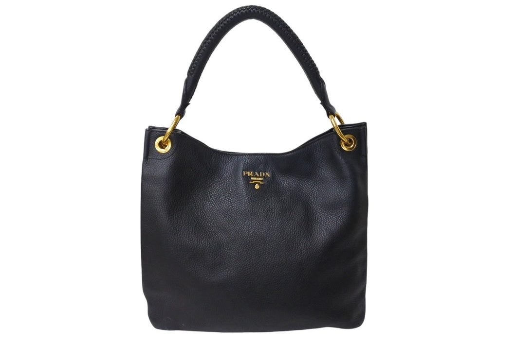 PRADA プラダ ワンショルダーバッグ トートバッグ ハンドバッグ ロゴ レザー ブラック ゴールド金具 美品 中古 4c070125 