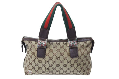 GUCCI グッチ ハンドバッグ GGキャンバス シェリーライン 145759 092122 イタリア製 ベージュ レッド グリーン 良品 中古 4c070187