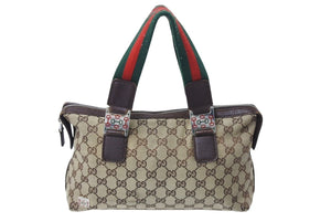 GUCCI グッチ ハンドバッグ GGキャンバス シェリーライン 145759 092122 イタリア製 ベージュ レッド グリーン 良品 中古 4c070187