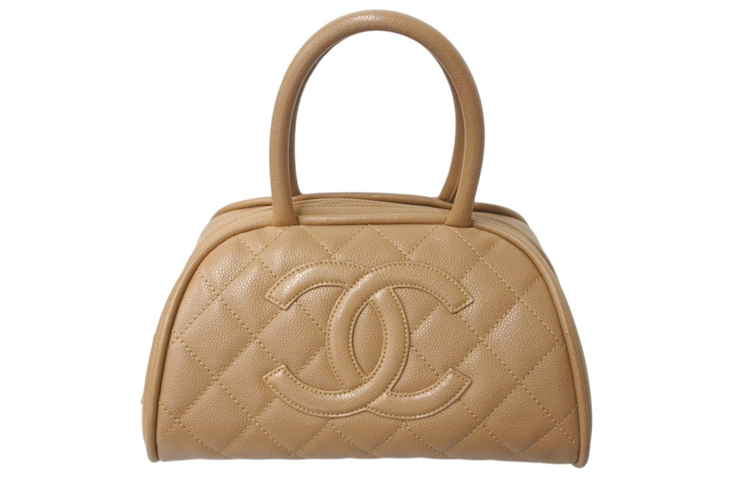 極美品 CHANEL シャネル マトラッセ ハンドバッグ ミニボストン型バッグ ココマーク 11番台 キャビアスキン ベージュ 中古 4c07019