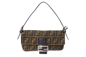 FENDI フェンディ マンマバケット ワンショルダーバッグ ズッカ柄 コットンキャンバス レザー シルバー金具 ブラウン 美品 中古 4c070210 