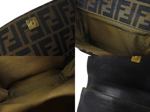 FENDI フェンディ ズッカショルダーバッグ イタリア製キャンバス エピレザー ベージュ ブラック ゴールド金具 美品 中古 4c070212 