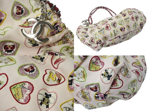 CHANEL シャネル バレンタイン限定 チェーンハンドバッグ 総柄 10番台 フランス製 コットン レザー ピンク シルバー 美品 中古 4c070218