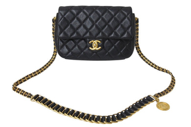 CHANEL シャネル シングルフラップ コインチェーンショルダーバッグ IC イタリア製 キャビアスキン ブラック ゴールド 美品 中古 4c070220