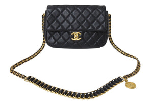 CHANEL シャネル シングルフラップ コインチェーンショルダーバッグ IC イタリア製 キャビアスキン ブラック ゴールド 美品 中古 4c070220