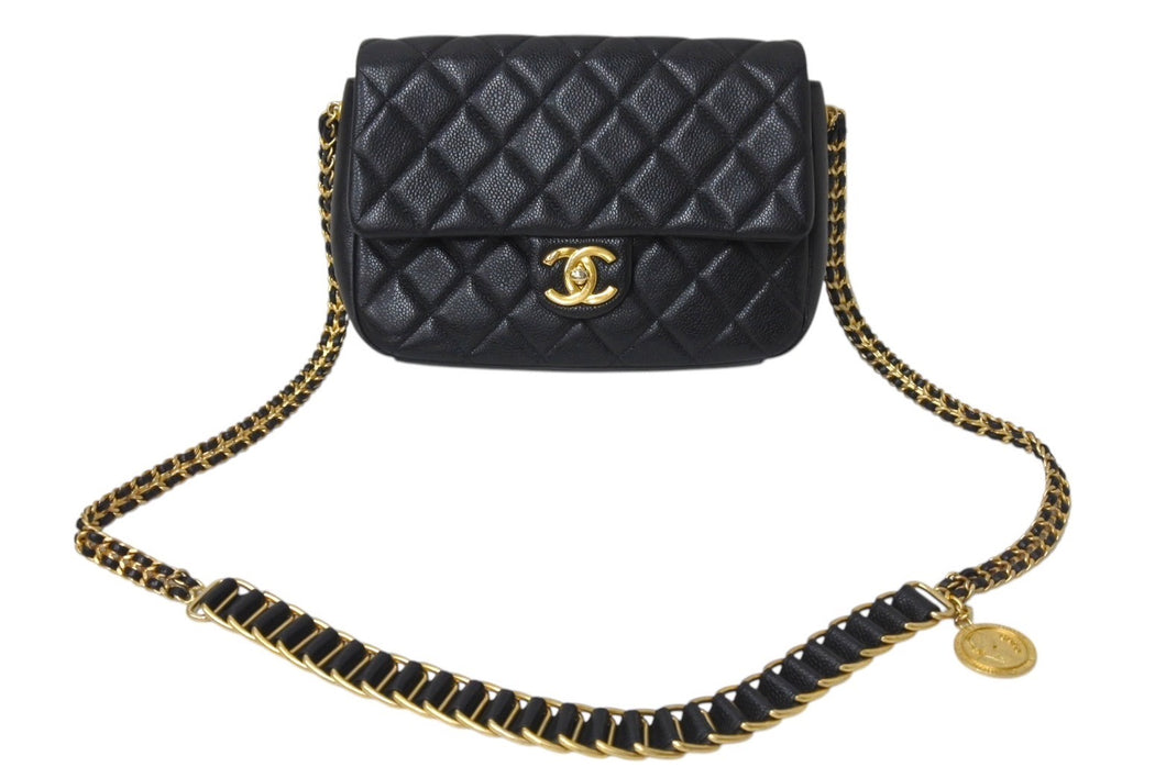 CHANEL シャネル シングルフラップ コインチェーンショルダーバッグ IC イタリア製 キャビアスキン ブラック ゴールド 美品 中古 4c070220