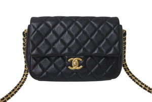 CHANEL シャネル シングルフラップ コインチェーンショルダーバッグ IC イタリア製 キャビアスキン ブラック ゴールド 美品 中古 4c070220