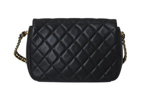 CHANEL シャネル シングルフラップ コインチェーンショルダーバッグ IC イタリア製 キャビアスキン ブラック ゴールド 美品 中古 4c070220