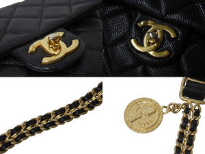 CHANEL シャネル シングルフラップ コインチェーンショルダーバッグ IC イタリア製 キャビアスキン ブラック ゴールド 美品 中古 4c070220