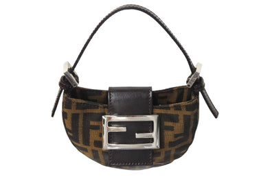 極美品 FENDI フェンディ ズッカ ミニポーチ ワンショルダーバッグ型 イタリア製 キャンバス レザー ブラウン シルバー金具 中古 4c070233 