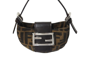 極美品 FENDI フェンディ ズッカ ミニポーチ ワンショルダーバッグ型 イタリア製 キャンバス レザー ブラウン シルバー金具 中古 4c070233 