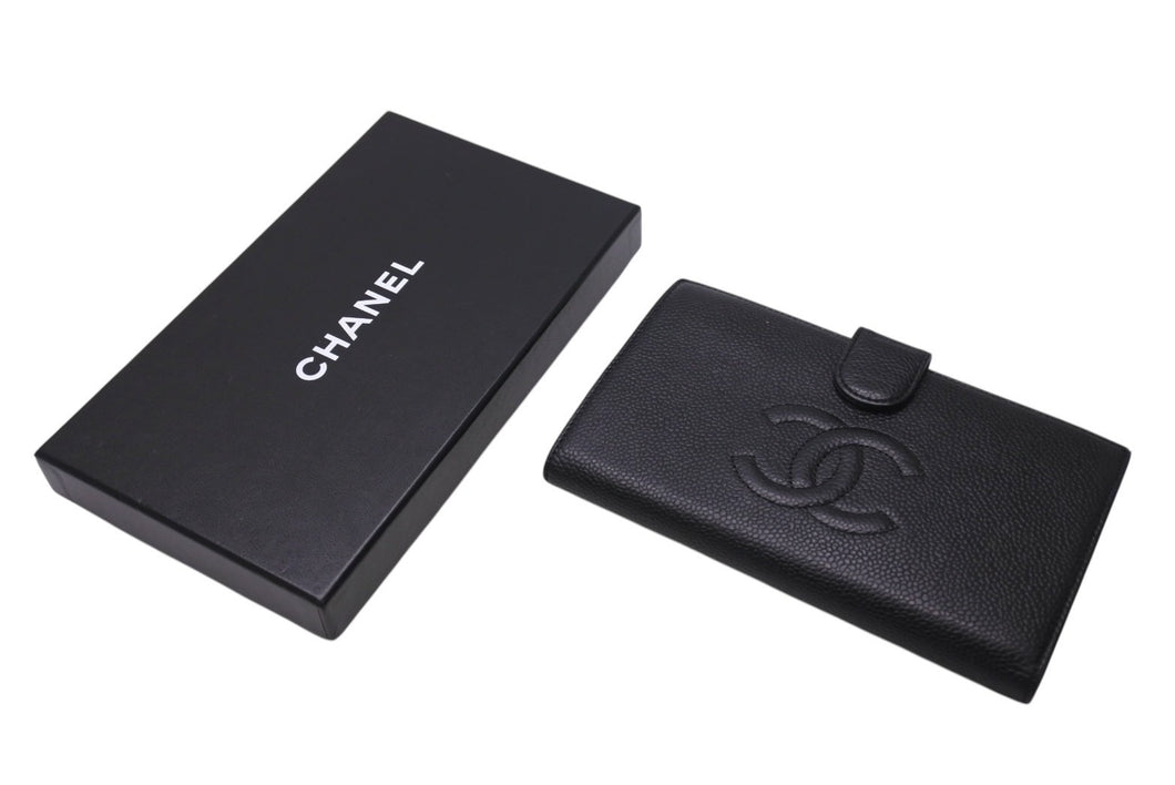 CHANEL シャネル ココマーク 二つ折り長財布 がま口 フランス製 キャビアスキン ブラック ゴールド金具 美品 中古 4c070251