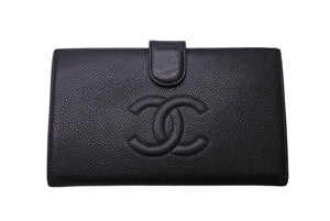 CHANEL シャネル ココマーク 二つ折り長財布 がま口 フランス製 キャビアスキン ブラック ゴールド金具 美品 中古 4c070251