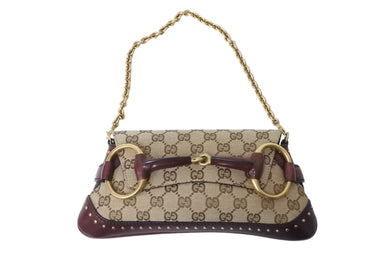 極美品 GUCCI グッチ ワンショルダー チェーンハンド ホースビット 119186 2684 キャンバス レザー ベージュ ワインレッド 中古 4c070253