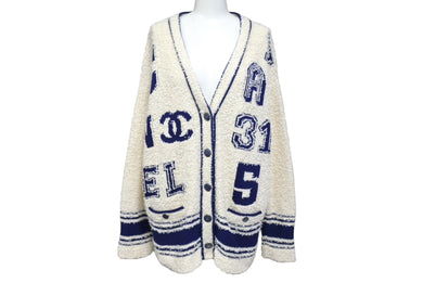 極美品 CHANEL シャネル ニットカーディガン P61037K46380 サイズ34 19SS ツイード ココマーク シルク混 アイボリー ネイビー 中古 4c070295