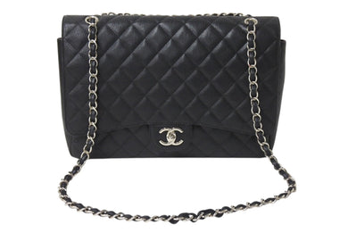 極美品 CHANEL シャネル デカマトラッセ33 Wフラップ Wチェーン ショルダーバッグ 15番台 キャビアスキン ブラック シルバー金具 中古 4c070386