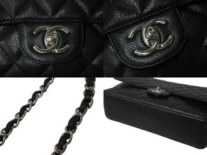 極美品 CHANEL シャネル デカマトラッセ33 Wフラップ Wチェーン ショルダーバッグ 15番台 キャビアスキン ブラック シルバー金具 中古 4c070386