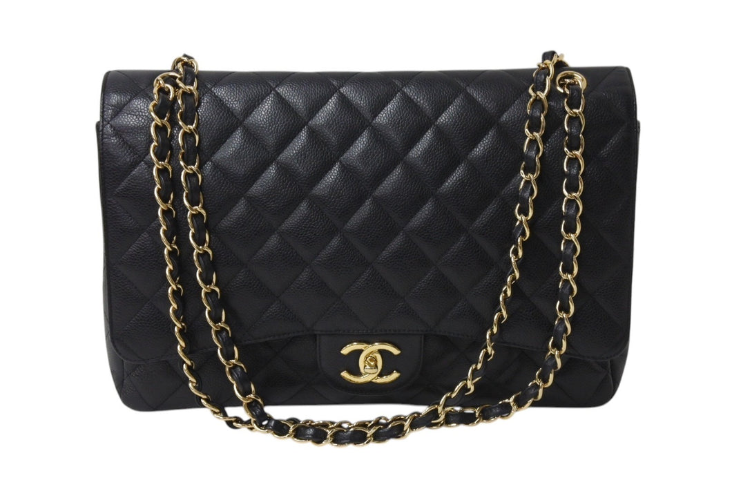 極美品 CHANEL シャネル デカマトラッセ33 Wフラップ Wチェーン ショルダーバッグ 15番台 キャビアスキン ブラック ゴールド金具 中古 4c070392