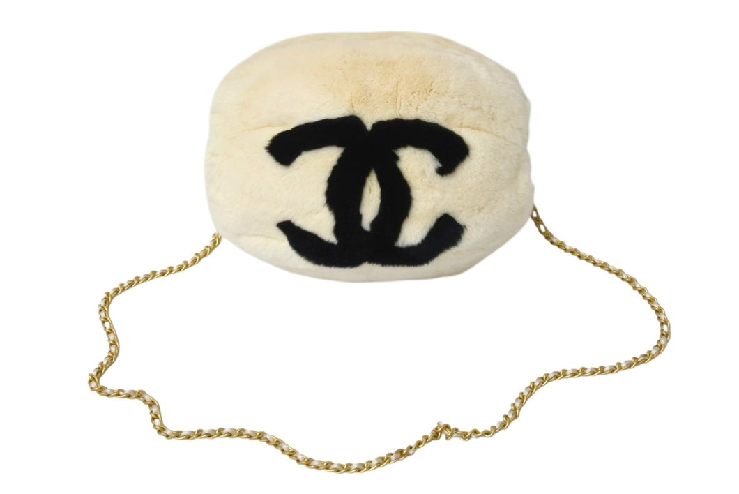CHANEL シャネル ラパン ファー チェーン ショルダーバッグ アイボリー ブラック ココマーク アームウォーマー ゴールド金具 美品 中古 4c070395