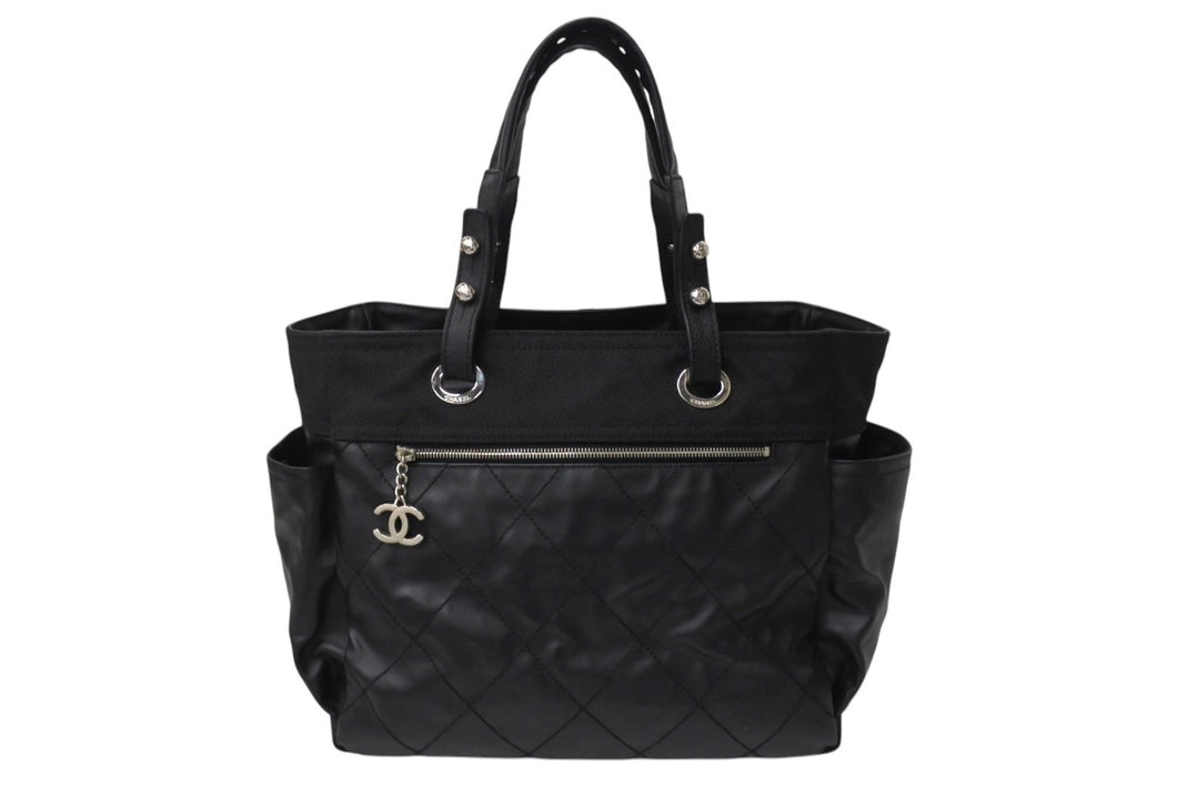 CHANEL シャネル バリビアリッツトートGM ココマーク 12番台 2008年 コーティングキャンバス ブラック シルバー 美品 中古 4c070423