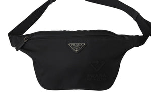 PRADA プラダ ウエストバッグ ロゴプレート 2VL033 イタリア製 ナイロン レザー ブラック シルバー金具 美品 中古 4c070427