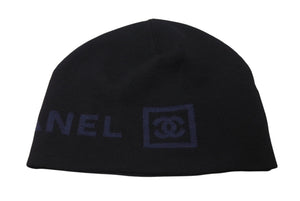 極美品 CHANEL シャネル ココマークロゴ ニット帽 帽子 キャップ ビーニー ウール ブラック ブルー b220108 中古 4c070459
