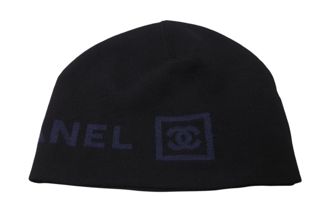 極美品 CHANEL シャネル ココマークロゴ ニット帽 帽子 キャップ ビーニー ウール ブラック ブルー b220108 中古 4c070459