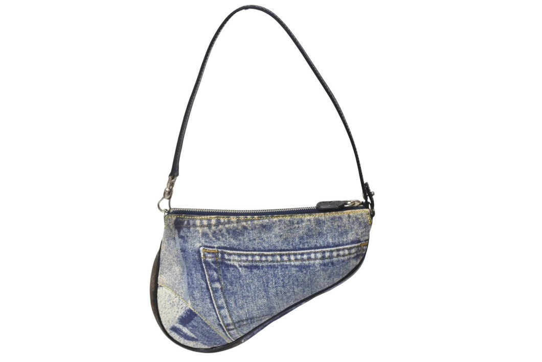 極美品 ChristianDior クリスチャンディオール デニムサドルポーチ ショルダーバッグ シルバー 中古 4c070496