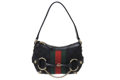 GUCCI グッチ ワンショルダー ショルダーバッグ ホースビット キャンバス レザー ブラック 131025 中古 美品 4c070505