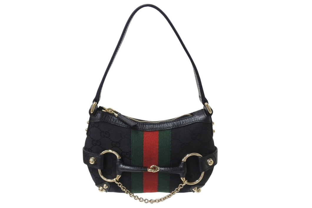 GUCCI グッチ ワンショルダー ショルダーバッグ ホースビット キャンバス レザー ブラック 131025 中古 美品 4c070505