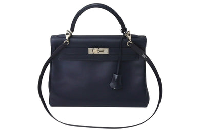 HERMES エルメス ケリー28 外縫い ブルーニュイ ◻︎D刻印 カーフスキン ゴールド金具 V金具 ハンドバッグ 中古 4c070535