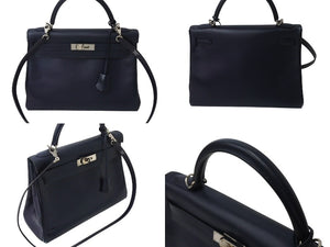 HERMES エルメス ケリー28 外縫い ブルーニュイ ◻︎D刻印 カーフスキン ゴールド金具 V金具 ハンドバッグ 中古 4c070535