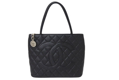 CHANEL シャネル 復刻トート ハンドバッグ ココマーク 6番台 キャビアスキン ブラック キルティング シルバー金具 美品 中古 4c070536