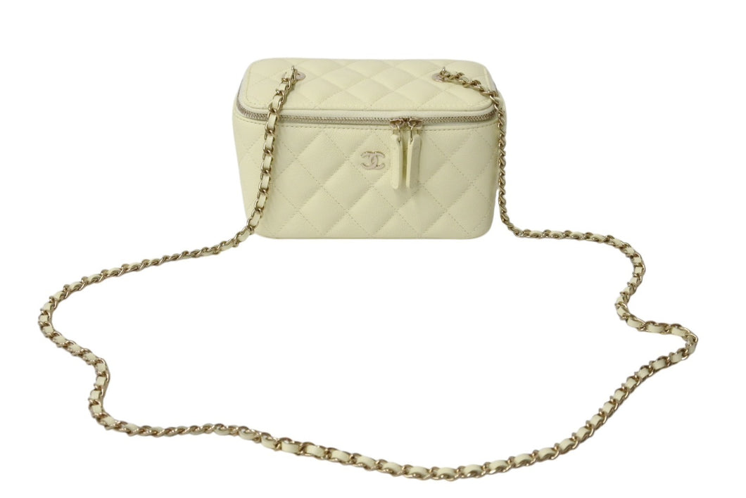 極美品 CHANEL シャネル バニティバッグ AP1341 チェーンショルダー キャビアスキン アイボリー ココマーク ランダム番台 中古 4c070537