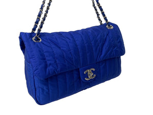 極美品 CHANEL シャネル マドモアゼル ココマーク ナイロン チェーンショルダーバッグ 16番台 ナイロン ブルー シルバー金具 中古 4c070564
