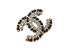 CHANEL シャネル ブローチ アクセサリー ココマーク メタル ラインストーン レザー F21V刻印 ゴールド ブラック 美品 中古 4c070599