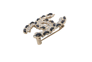 CHANEL シャネル ブローチ アクセサリー ココマーク メタル ラインストーン レザー F21V刻印 ゴールド ブラック 美品 中古 4c070599