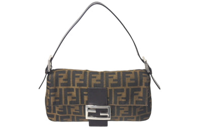 FENDI フェンディ マンマバケット ワンショルダーバッグ ズッカ柄 コットンキャンバス レザー シルバー金具 ブラウン 美品 中古 4c075874
