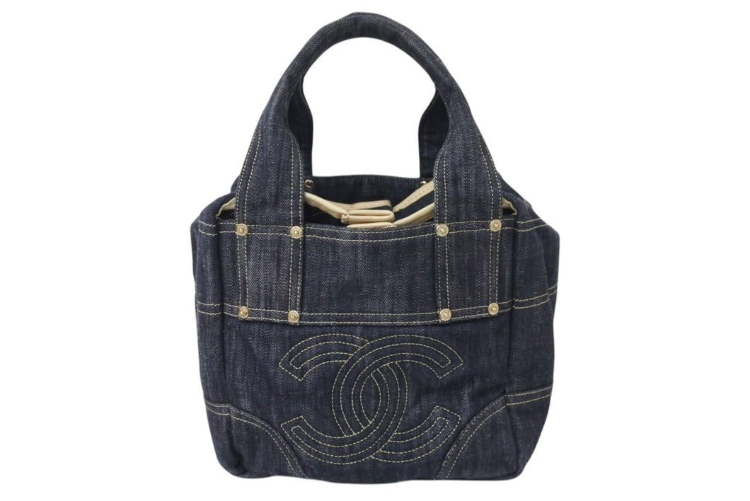 CHANEL シャネル スパークリングデニム ココマーク ハンドバッグ トートバッグ ネイビー ベージュ ゴールド 美品 中古 4c070901