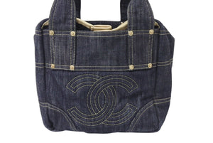 CHANEL シャネル スパークリングデニム ココマーク ハンドバッグ トートバッグ ネイビー ベージュ ゴールド 美品 中古 4c070901