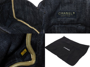 CHANEL シャネル スパークリングデニム ココマーク ハンドバッグ トートバッグ ネイビー ベージュ ゴールド 美品 中古 4c070901