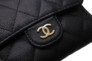 極美品 CHANEL シャネル クラシック スモール フラップ ウォレット 三つ折り財布 ランダム キャビアスキン ブラック 美品 中古 4c070910